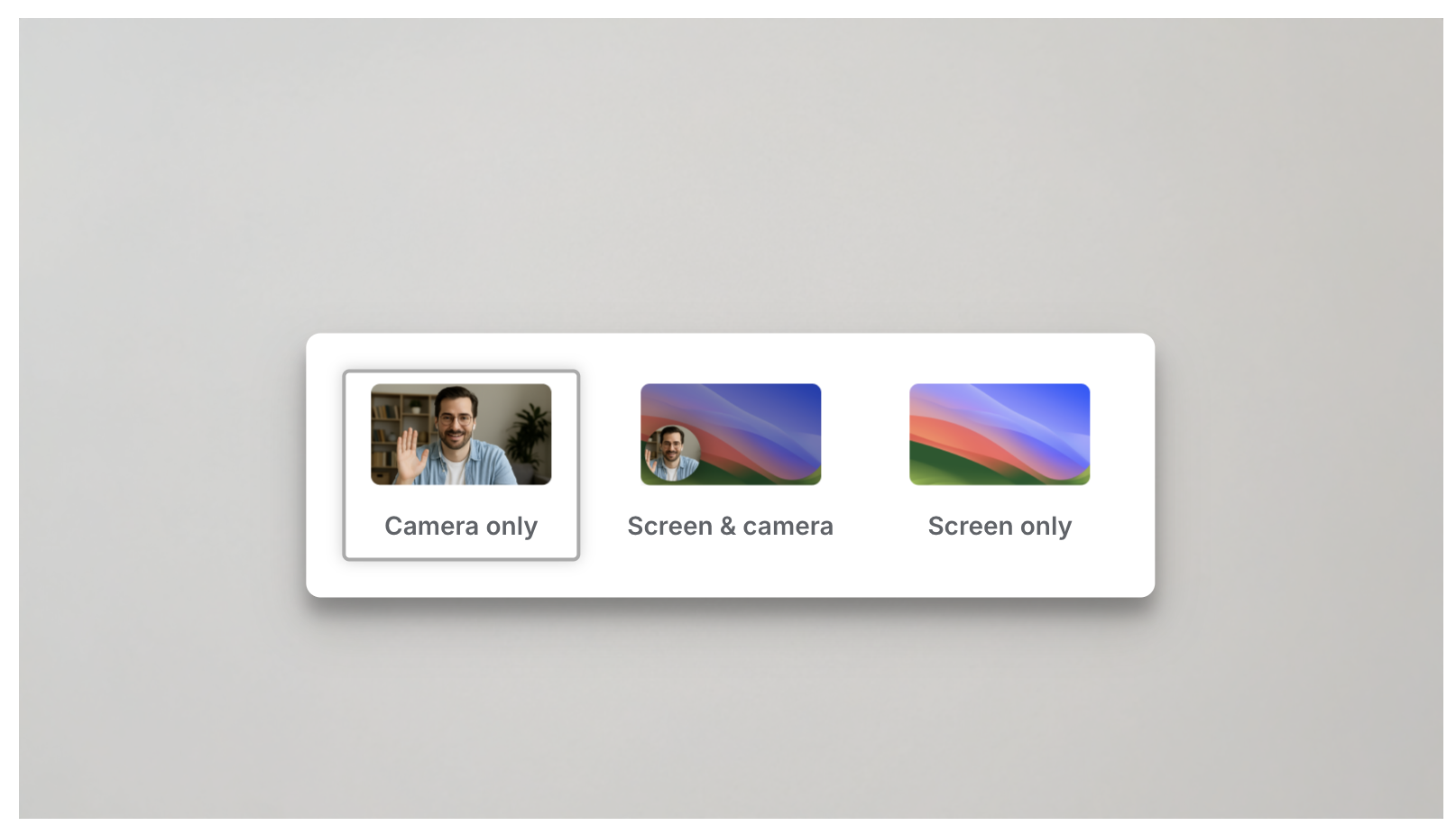 The recording options Camera only, Screen & camera and Screen only, with the Start recording button