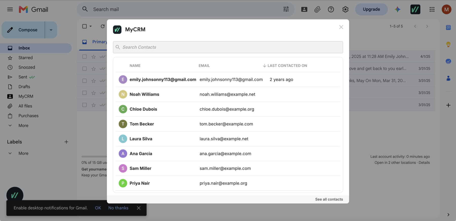 MyCRM di bilah samping Gmail, menampilkan kontakmu dan kotak Search Contacts