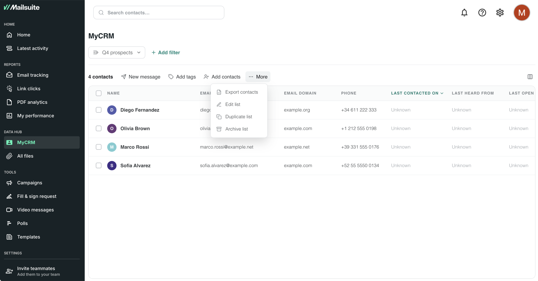 リストのMoreメニュー。Export contacts、Edit list、Duplicate list、Archive listが表示されています