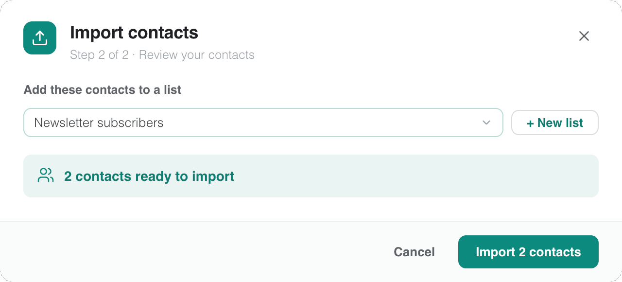 Schritt 2 von Import contacts mit der Liste, in die die Kontakte kommen