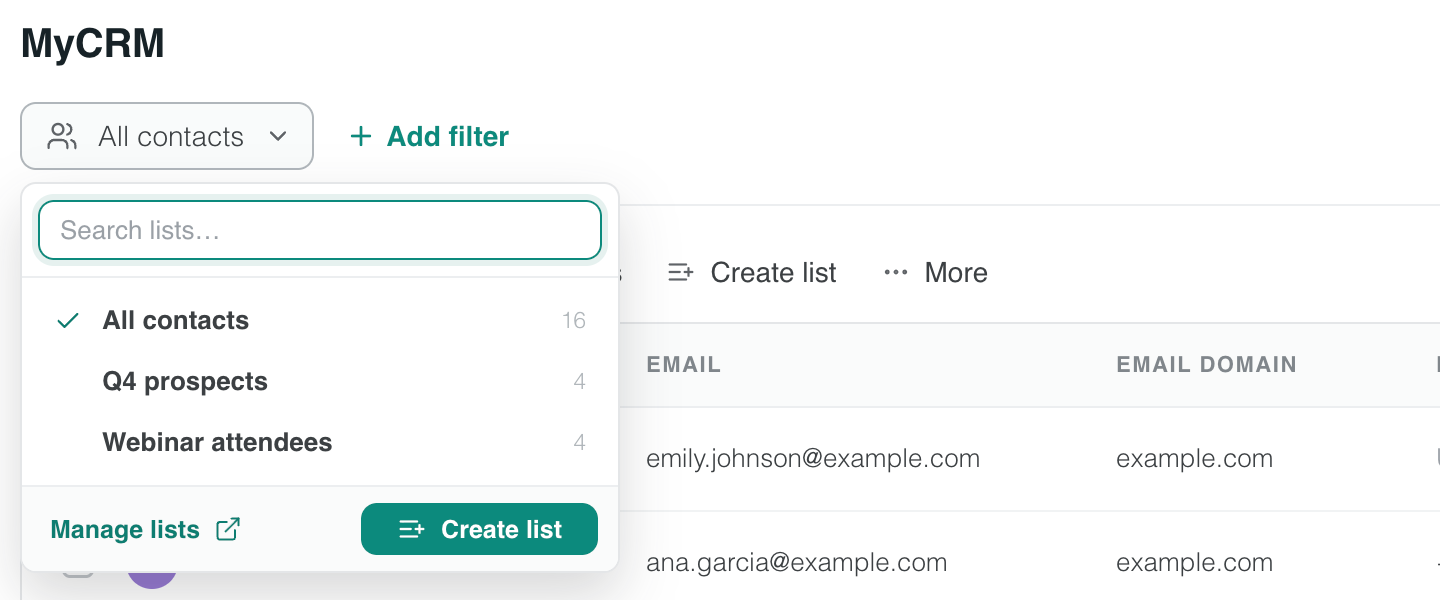 Het vervolgkeuzemenu met lijsten in MyCRM, met All contacts, je lijsten, Manage lists en Create list