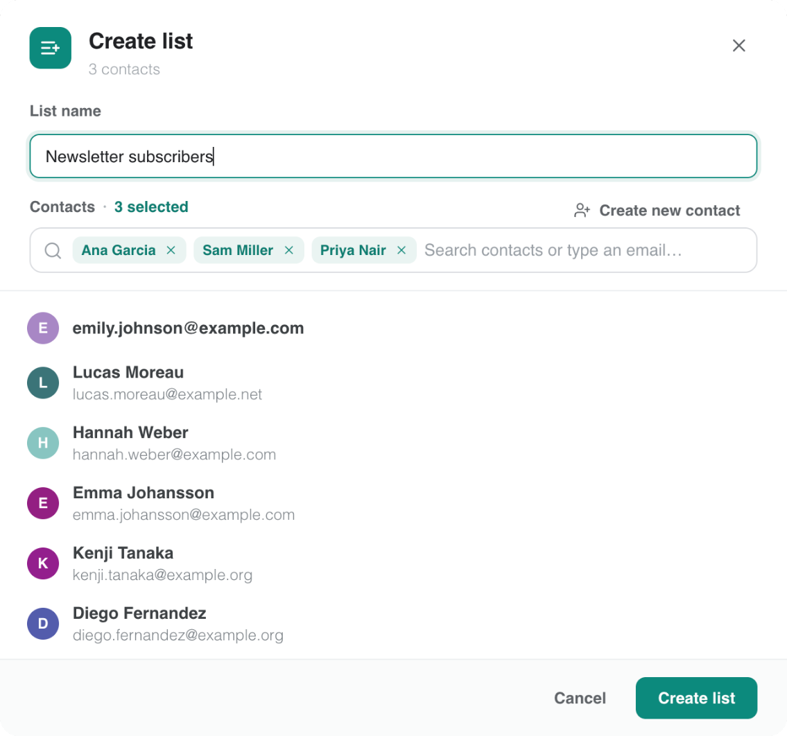 Create list 視窗，顯示清單名稱和選取的聯絡人