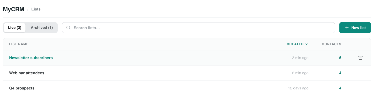 Die Seite Lists mit den Tabs Live und Archived