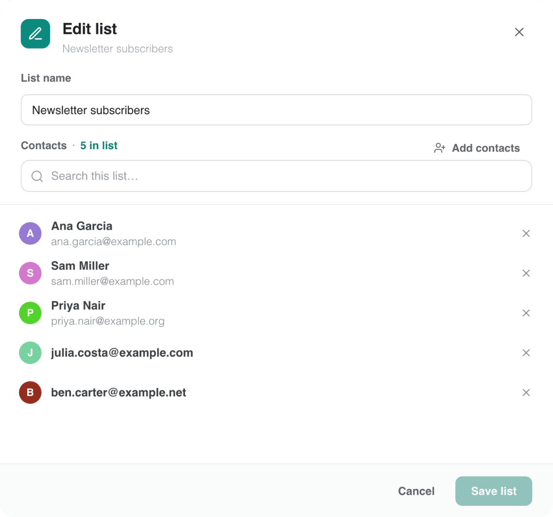 Cửa sổ Edit list, với tên danh sách và các liên hệ trong đó