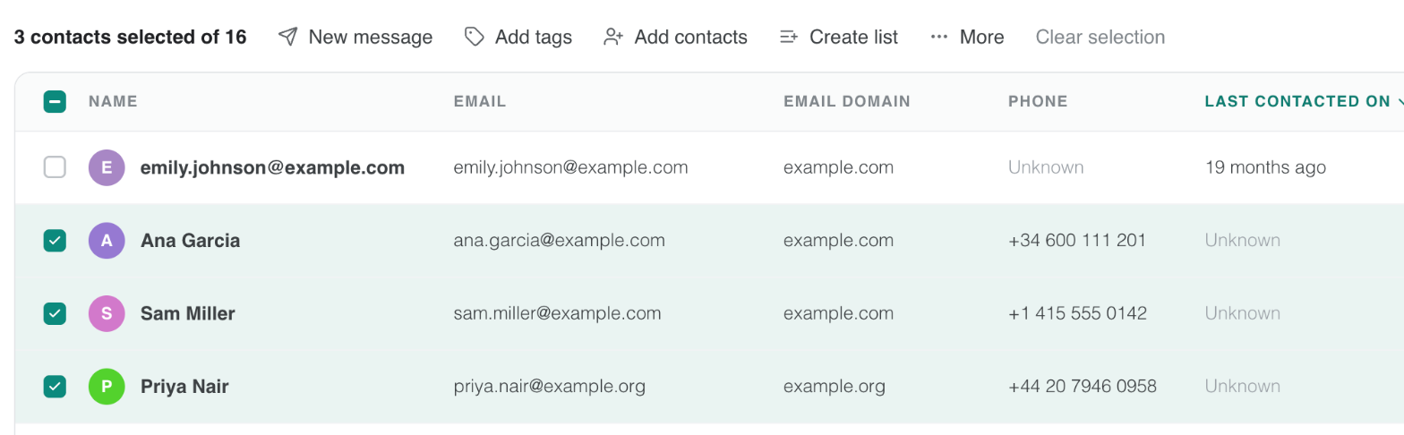 在 MyCRM 中選取了三位聯絡人，工具列中顯示 Create list