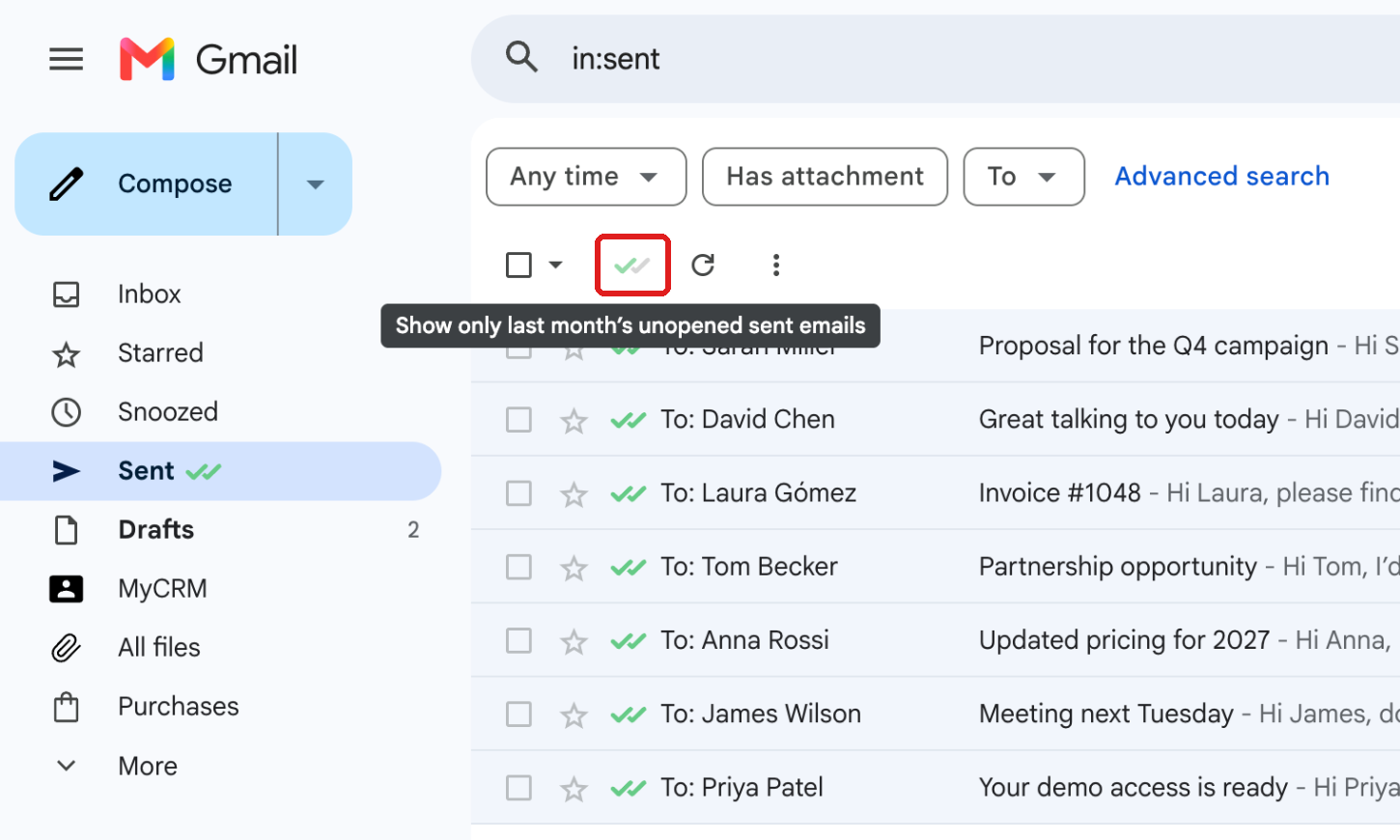 Gmail Sent folder with Mailtrack's filter button: Show only last month's unopened sent emails