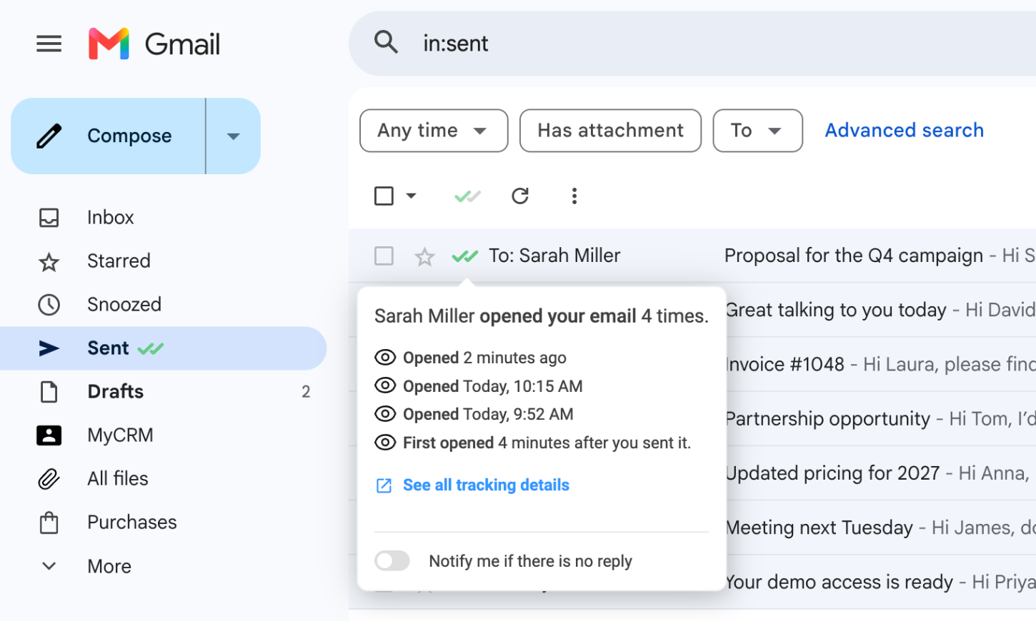 Gmail Sent folder with Mailtrack's green check marks and the open history shown on hover