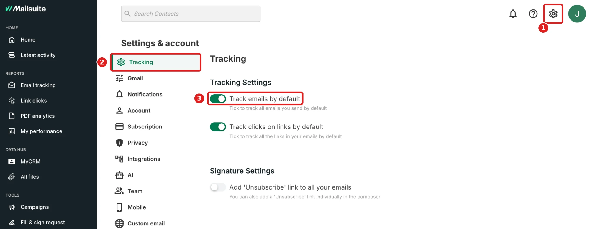 Settings & account > Tracking, with the Track emails by default toggle