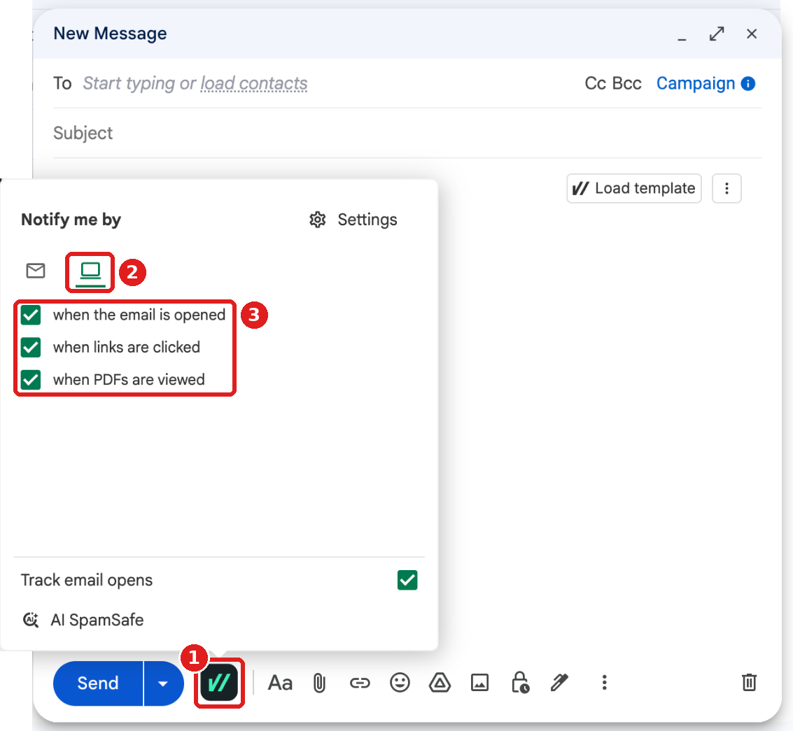 Mailsuite menu in the Gmail compose window, desktop tab of Notify me by