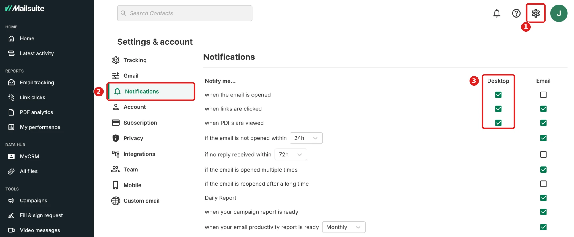 Settings & account > Notifications, Desktop column