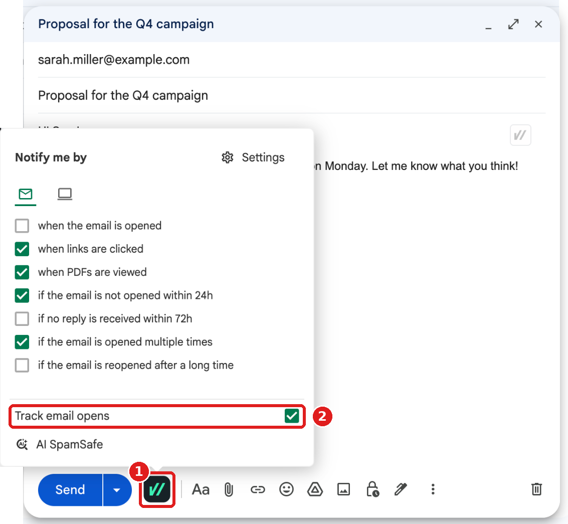 Mailsuite button next to Send and the Track email opens option