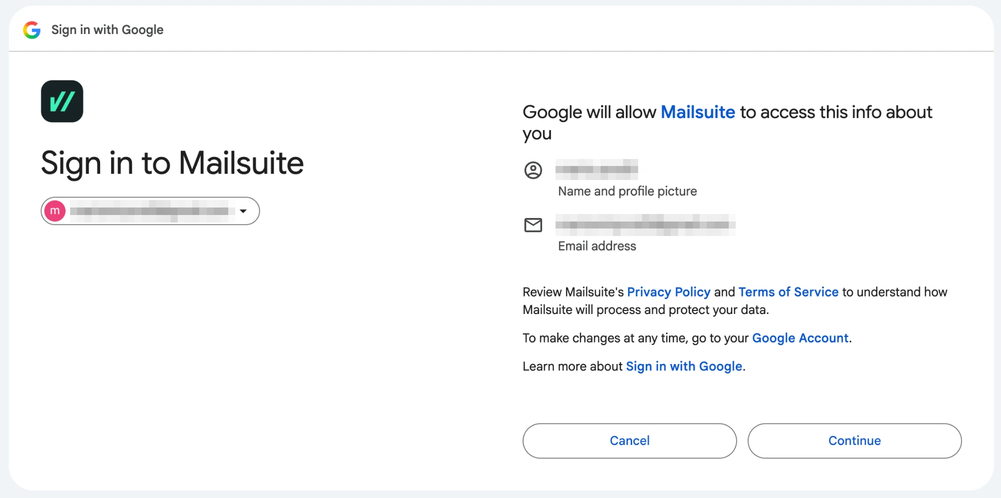 Sign in to Mailsuite: Google shares your name, profile picture and email address