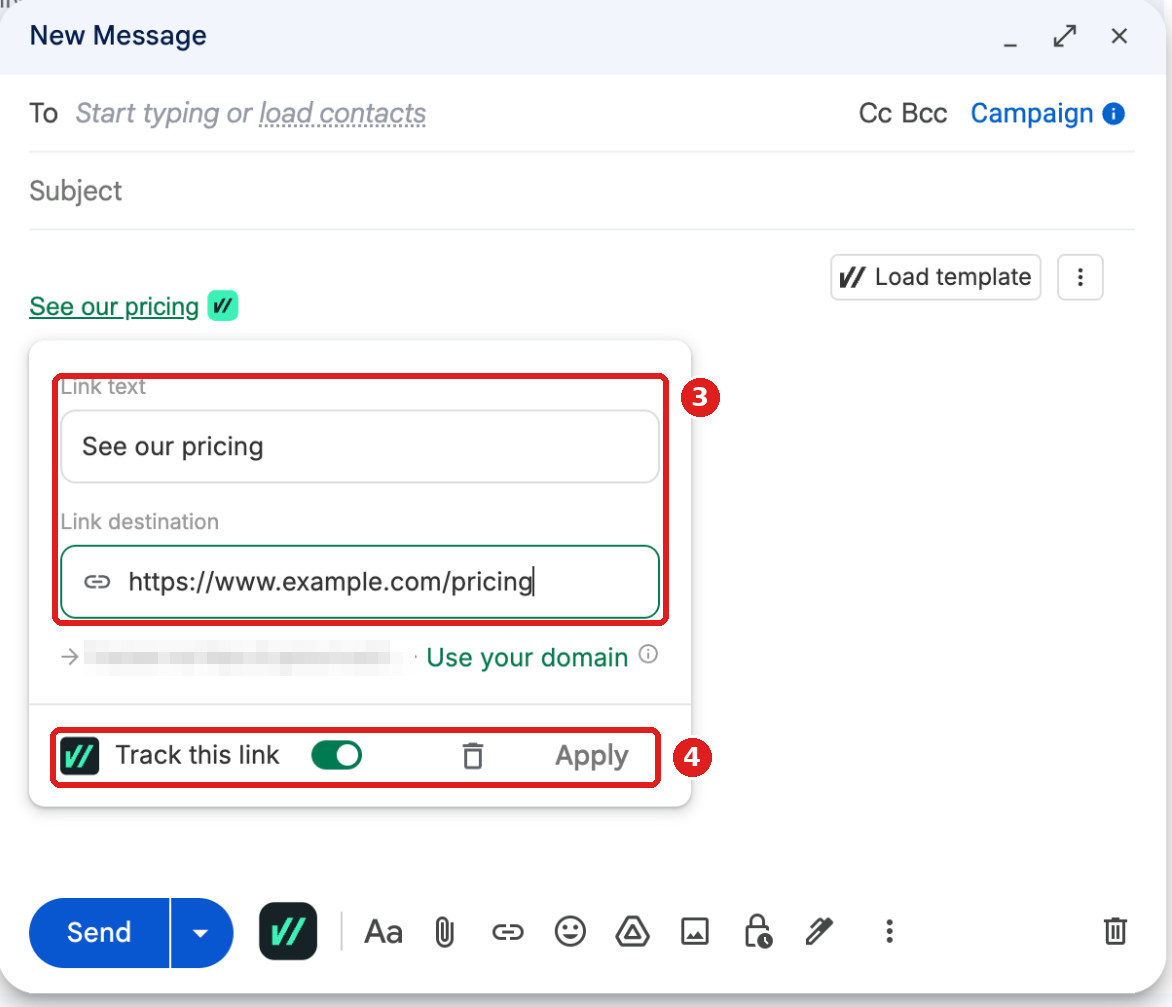 Tracked link editor with Link text, Link destination and Track this link