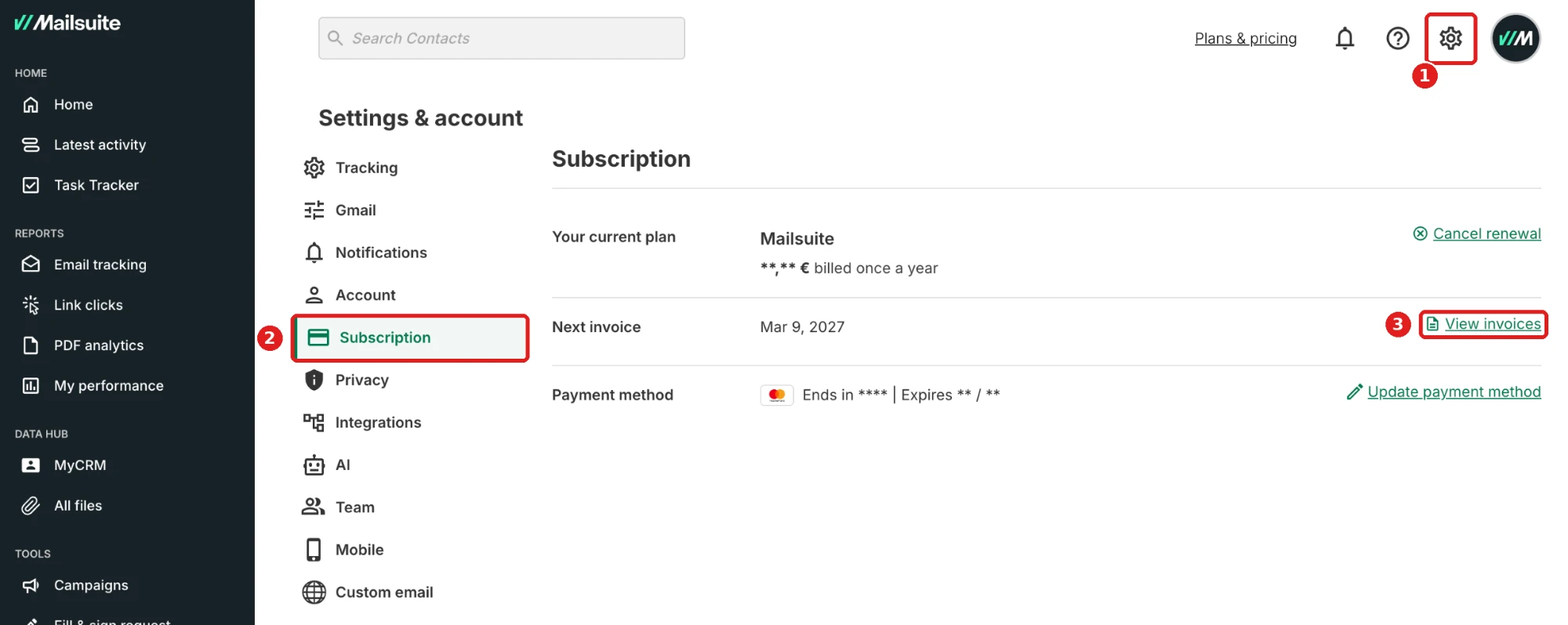 Settings & account > Subscription, with the View invoices link