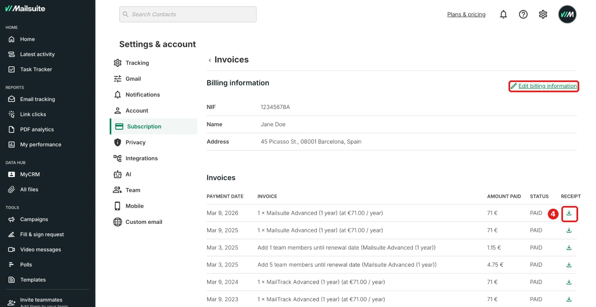 Invoices page with Edit billing information and the receipt download icon