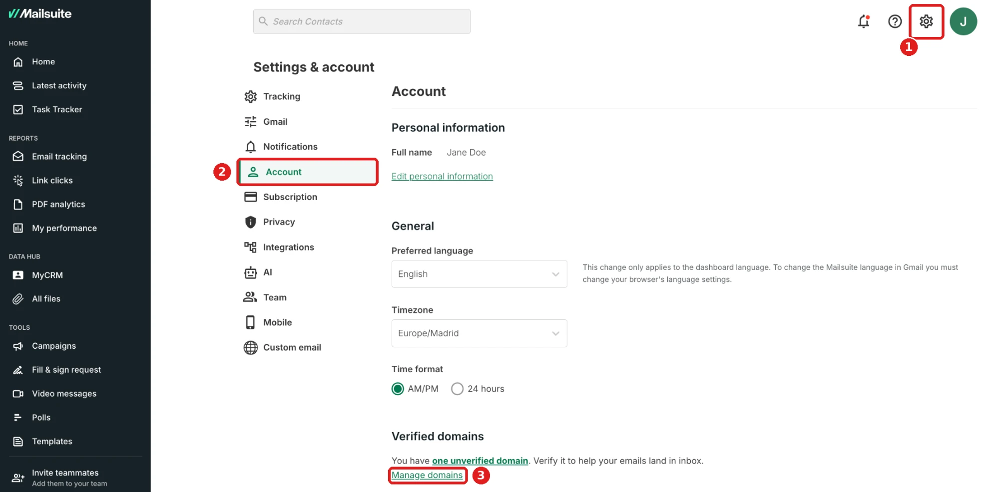 Settings & account > Account > Manage domains