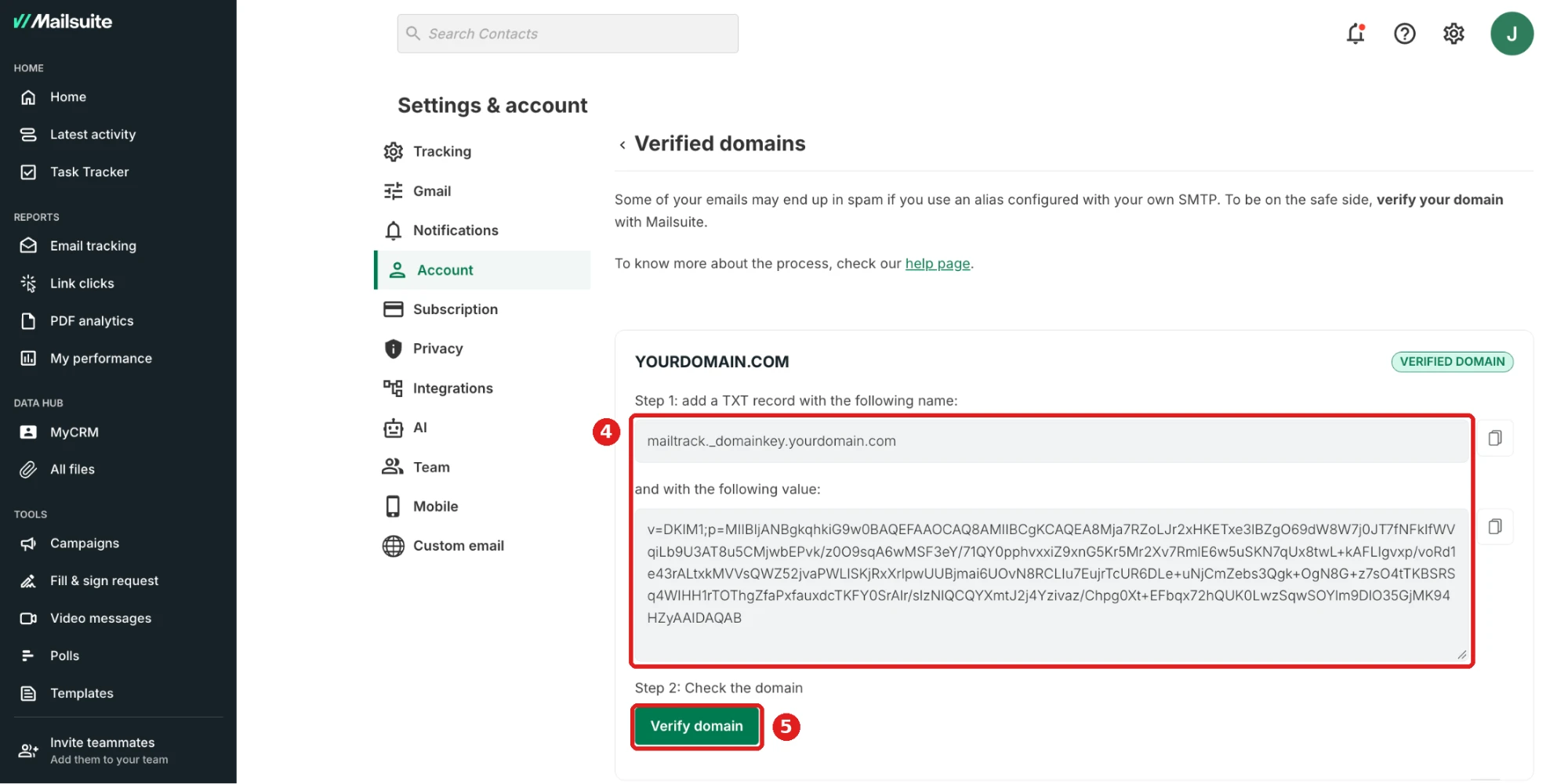 Verified domains page, TXT record and Verify domain