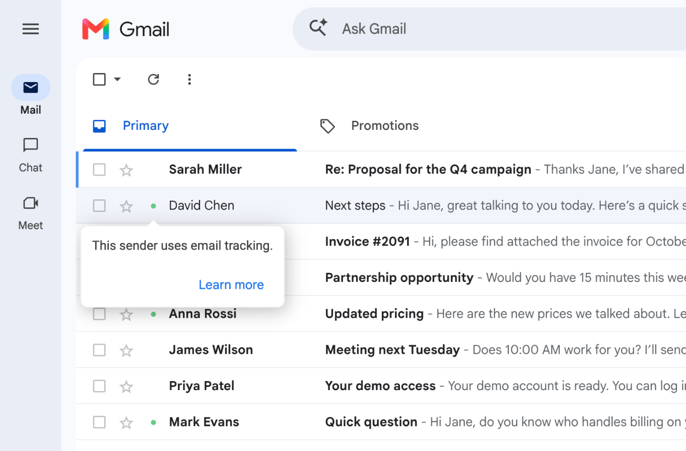 This sender uses email tracking tooltip