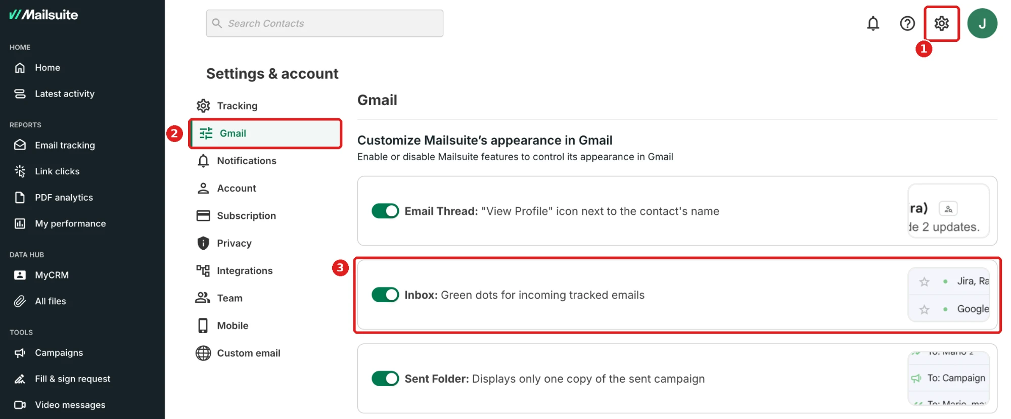 Settings & account > Gmail > Inbox: Green dots for incoming tracked emails