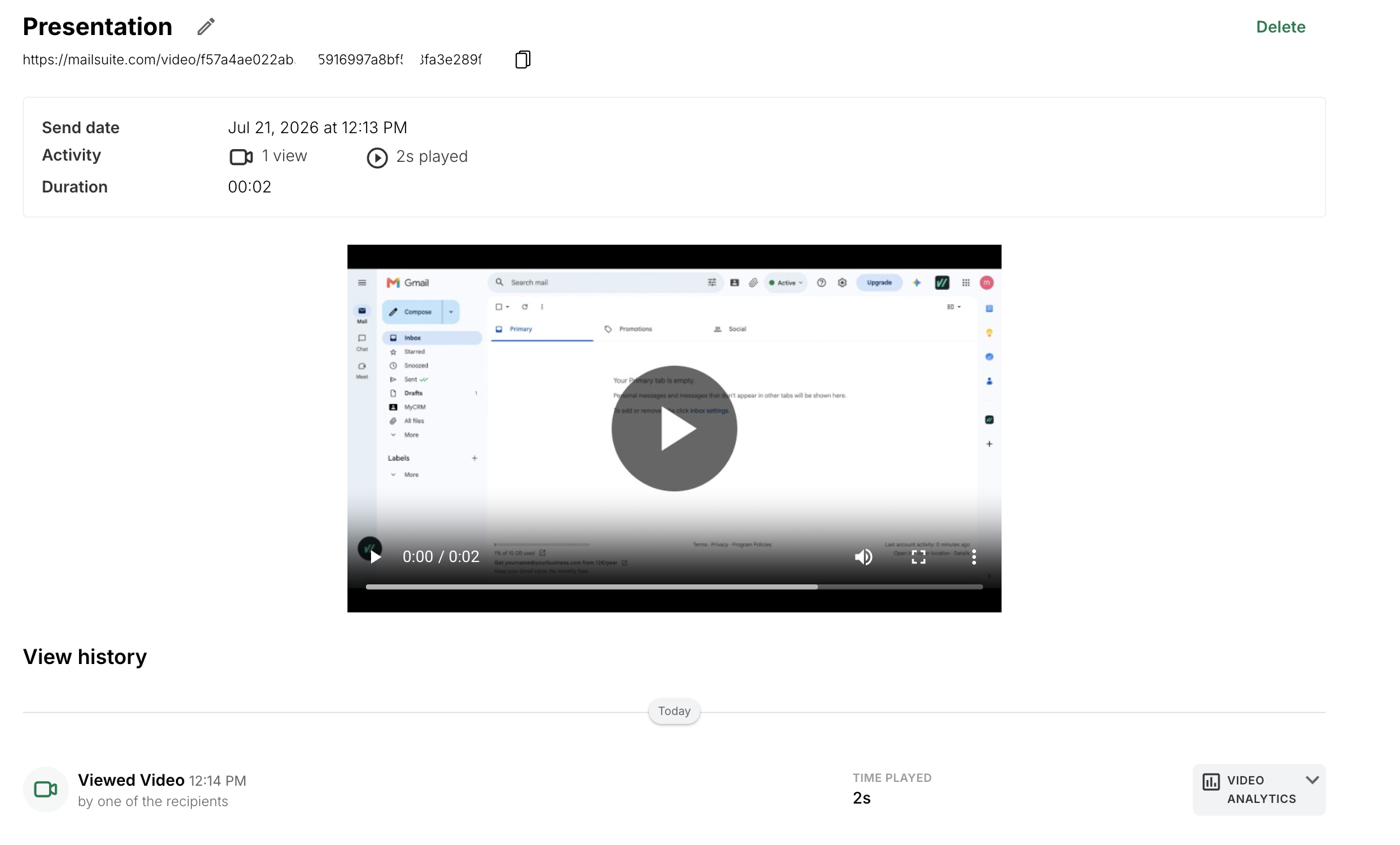 Halaman video, dengan link, tayangan, detik diputar, durasi, dan pemutar video