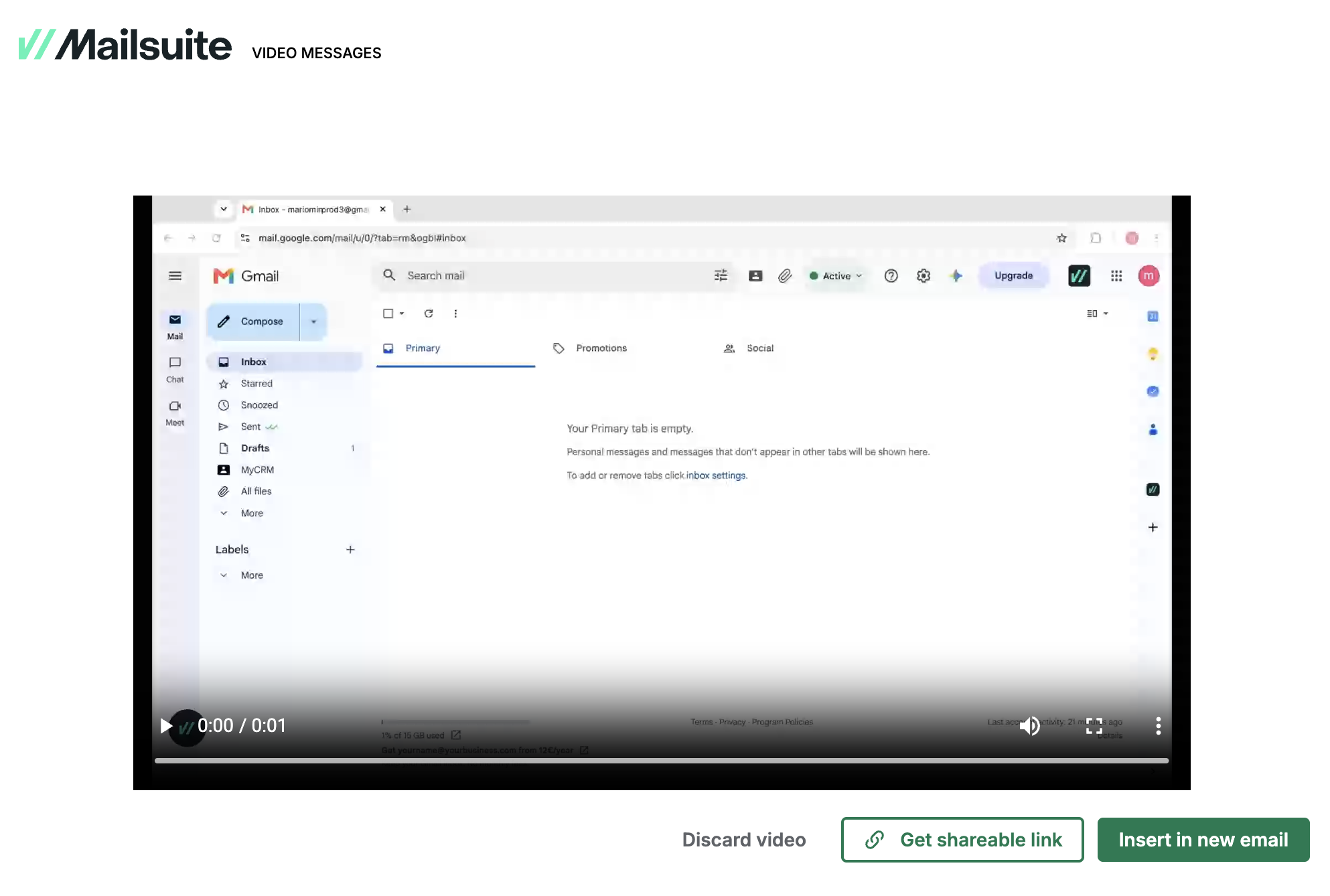 As opções depois de gravar no Gmail: Descartar vídeo, Obter link para partilhar e Inserir num novo email