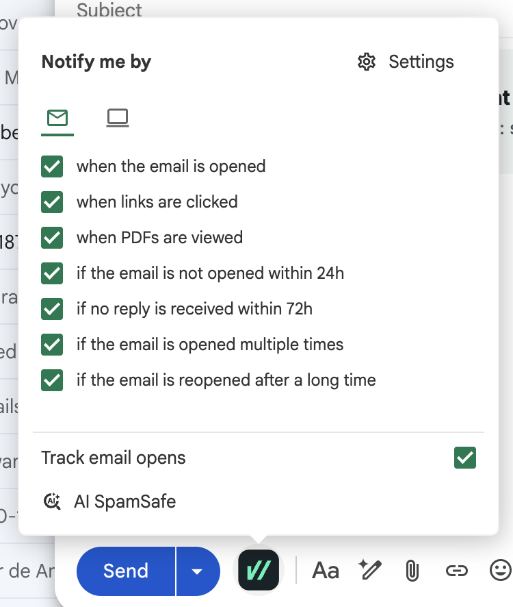 Notify me by menu in the Gmail compose window