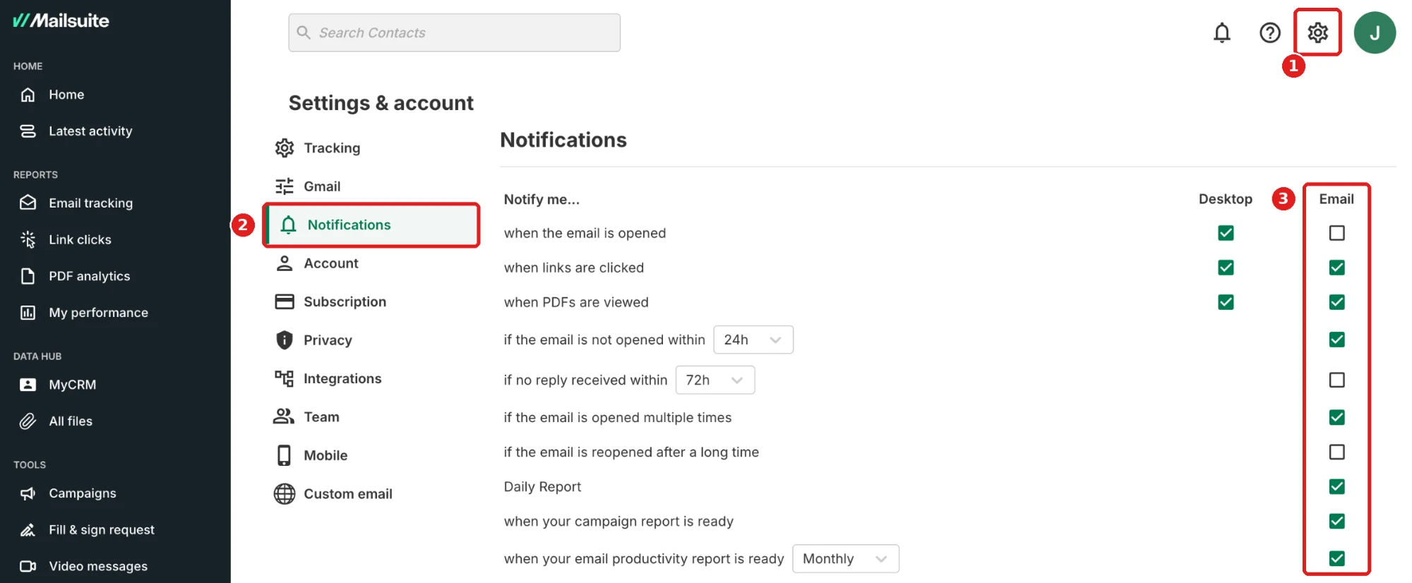 Settings & account > Notifications, Email column