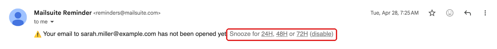 Snooze and disable links in the reminder email