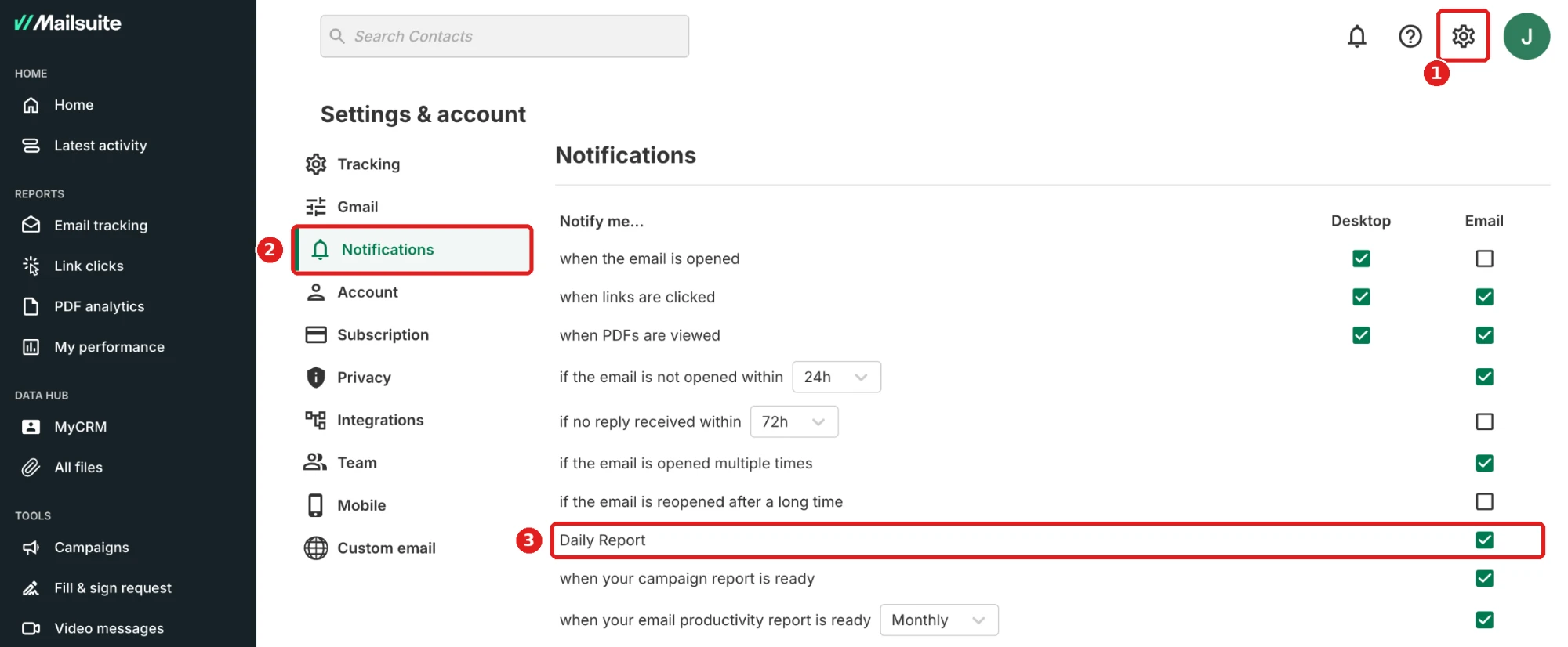 Settings & account > Notifications, Daily Report
