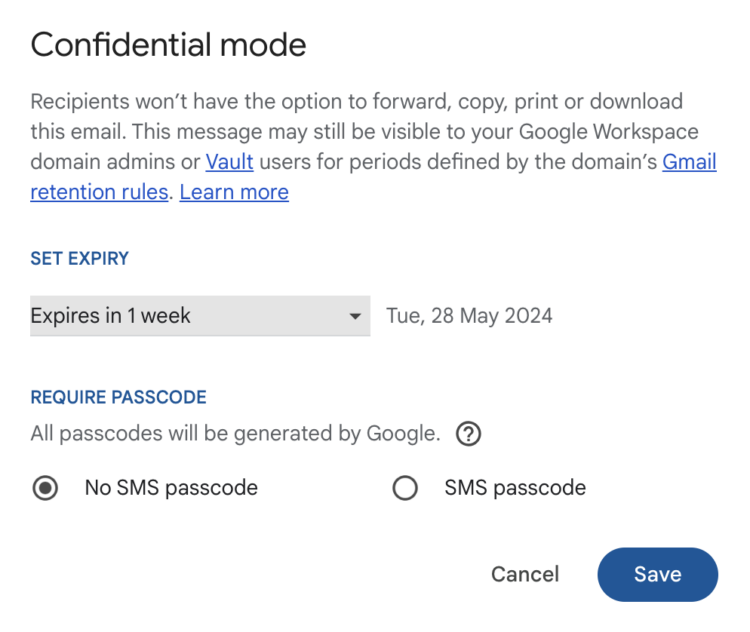 Gmail's confidential mode pop-up > setting expiry